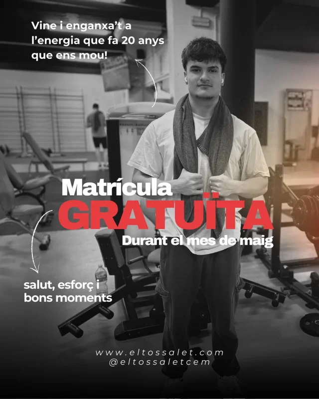 Aquest mes de maig, al Gimnàs El Tossalet celebrem 20 anys de salut, esforç i bons moments 💪

🎁 I com a regal... MATRÍCULA GRATUÏTA durant tot el mes!
És el moment perfecte per sumar-te a la família Tossalet i començar a moure’t amb nosaltres! 🏃‍♀️🧘‍♂️🏋️‍♀️

Vine, prova, i enganxa’t a l’energia que fa 20 anys que ens mou!

#ElTossalot20Anys #MouElCos #ViuElTossalet #MatrículaGratuïta
