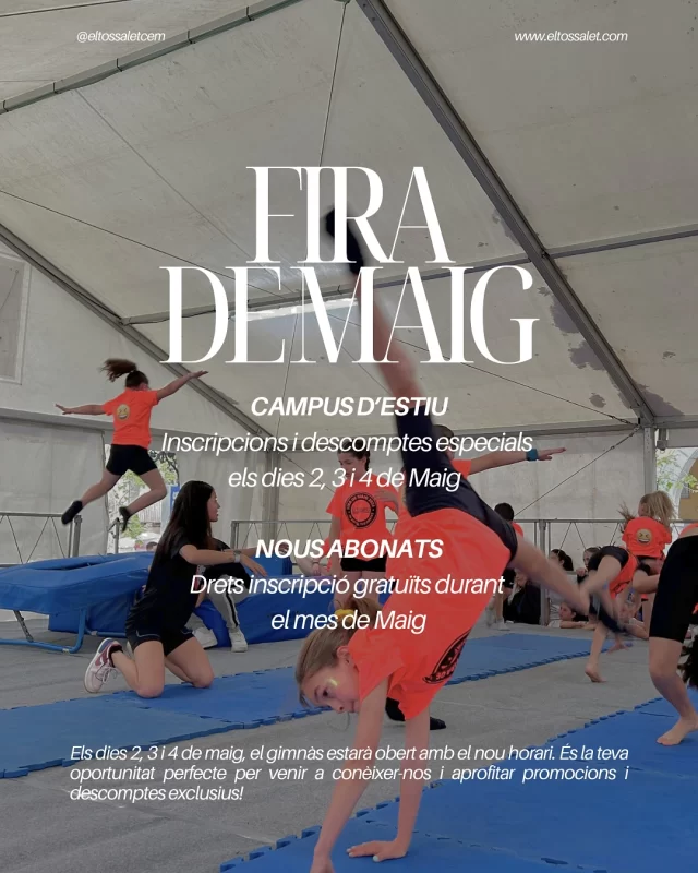 Veniu a visitar-nos a El Tossalet!
Tindreu l’oportunitat de gaudir de promocions especials, descobrir els nostres serveis i parlar directament amb el nostre equip. 

Hem preparat ofertes que no et voldràs perdre! 💥

🔥 No deixis passar aquesta ocasió. Activa’t aquest maig amb El Tossalet!

#ElTossalet #PromocionsMaig #HorariEspecial #GimTossalet #OfertesExclusives #FitnessTime #MaigEnForma