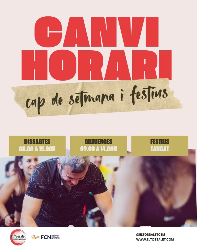 Us informem que a partir del mes de maig, modifiquem l’horari del gimnàs dels dissabtes, diumenges i dies festius. 

Aprofita el matí per activar-te, moure’t i acabar el dia amb energia 💪🏼

#ElTossalet #HorariMaig #CapsDeSetmanaActius #GimTossalet #ViuElTossalet #MaigEnForma