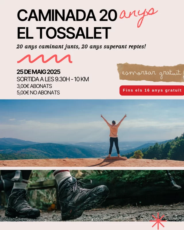 Aquest any a El Tossalet estem d’aniversari… 20 anys! 🥳

I volem celebrar-ho amb tu d’una manera molt especial:
🚶‍♀️🏃‍♂️ Organitzem una caminada per a tots els nivells!

Una sortida accessible, apte per fer caminant o corrent, on l’objectiu principal és gaudir de la natura i promoure la salut.

📍 Cal fer reserva prèvia a la recepció del gimnàs.

No t’ho perdis! Celebra amb nosaltres dues dècades de moviment, salut i comunitat 💚

#ElTossalet20Anys #CaminadaPopular #SalutINatura #AniversariTossalet #MouElCosViuLaVida