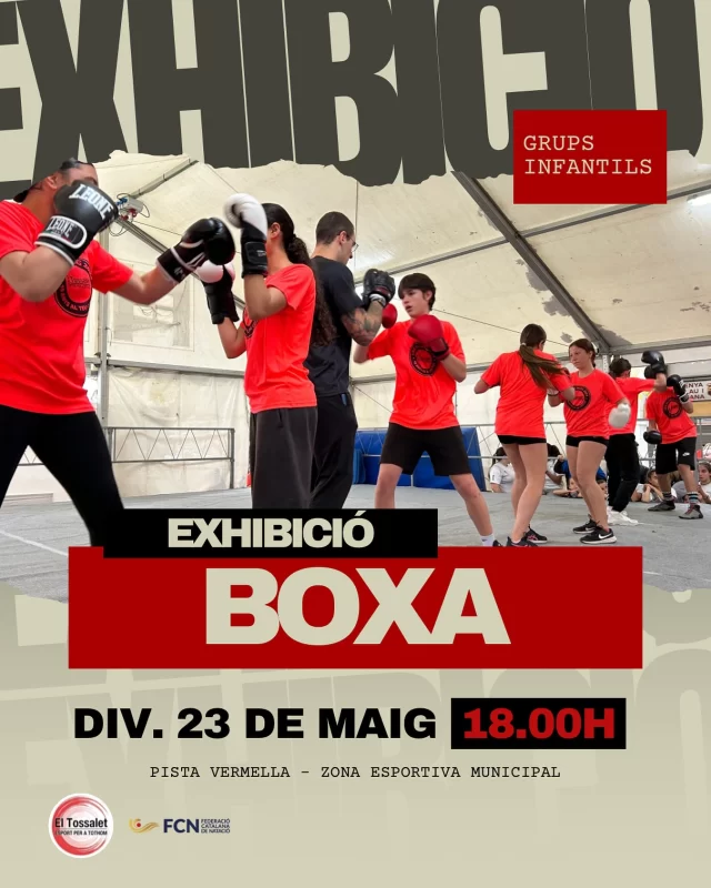 El proper divendres 23 de maig a les 18.00h, el nostre grup de boxa infantil us convida a una demostració molt especial 💥

Els boxejadors i boxejadores de El Tossalet mostraran tot el que han après aquesta temporada: tècnica, disciplina i molta energia! 💪✨

#BoxaInfantil #ElTossalet #DemostracióEsportiva #EsportAmbValors #ViuElTossalet